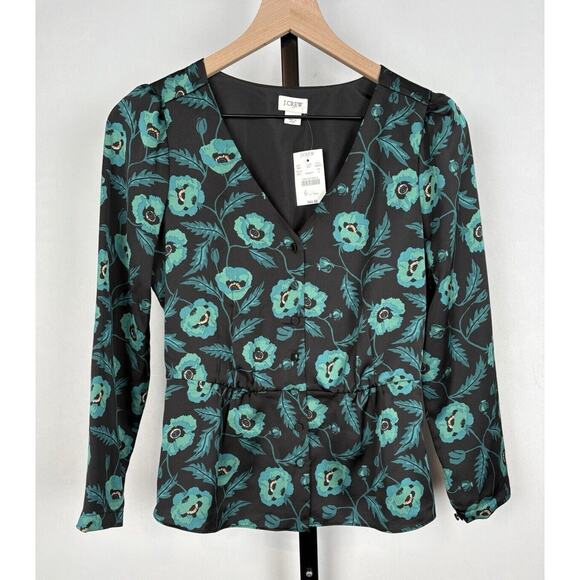 J. Crew Factory Tops - J. Crew Satin Back Crepe Button-front Blouse 0 Black Green Floral V-Neck NWT